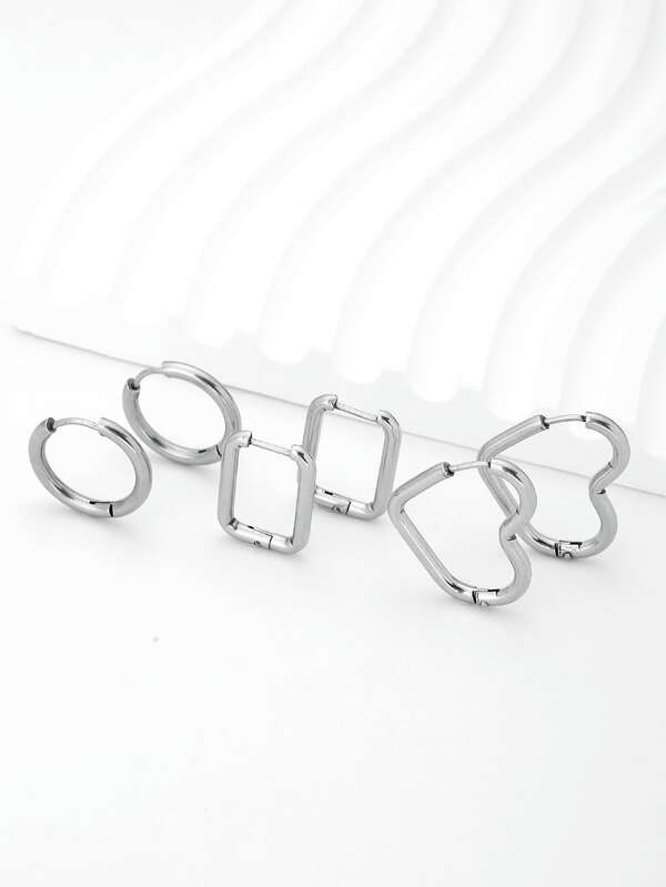 3pairs Square & Heart Shaped Hoop Earrings