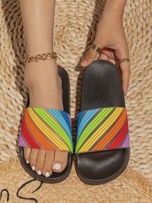 Rainbow Striped Pattern Slide Sandals - Multicolor - View 1