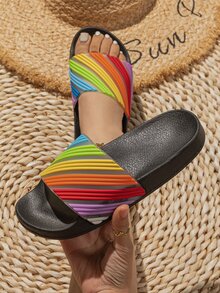 Rainbow Striped Pattern Slide Sandals - Multicolor - View 2