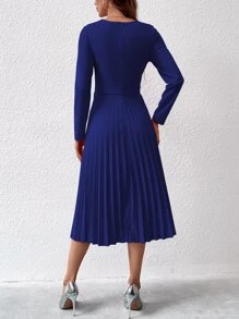Rafferiza Notched Neck Pleated Hem Dress Maxi Women Outfit - Royal Blue - View 2