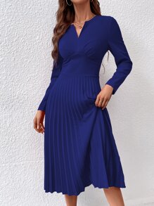 Rafferiza Notched Neck Pleated Hem Dress Maxi Women Outfit - Royal Blue - View 5