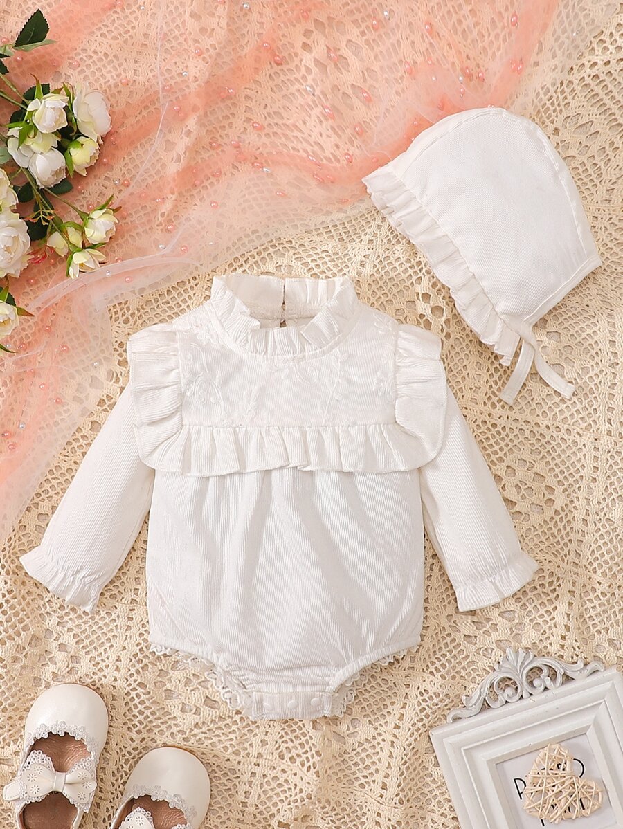 SHEIN Baby Embroidery Ruffle Trim Flounce Sleeve Corduroy Bodysuit & Hat - White - View 1