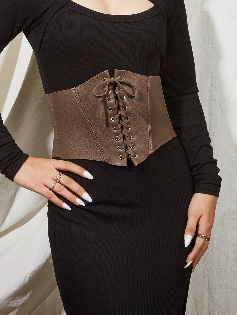Đai nịt eo giả da có dây buộc, giúp thon gọn và định hình vòng eo. - Lạc đà - Xem 1