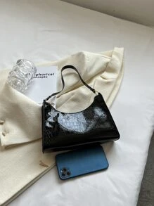 Crocodile Print Shoulder Bag Black Bag - Black - View 6