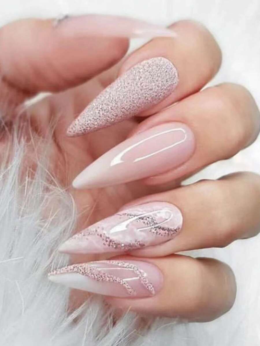 使用24入組長杏仁漸變閃光條紋假指甲和1入組指甲銼和1張膠帶升級您造型 - 彩色 - 查看 1