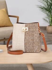 小号拼色水桶包，圆扣装饰斜挎包，女士人造皮革钱包（8.07 X 8.07 X 3.94）英寸，母亲节礼物送给妈妈 - 彩色 - 查看 3