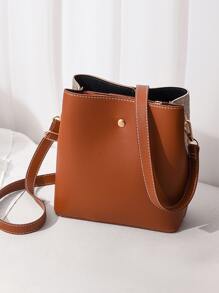 小号拼色水桶包，圆扣装饰斜挎包，女士人造皮革钱包（8.07 X 8.07 X 3.94）英寸，母亲节礼物送给妈妈 - 彩色 - 查看 5