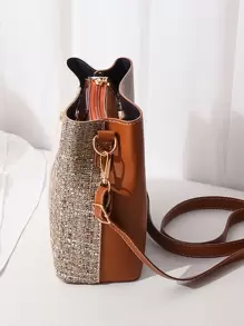 小号拼色水桶包，圆扣装饰斜挎包，女士人造皮革钱包（8.07 X 8.07 X 3.94）英寸，母亲节礼物送给妈妈 - 彩色 - 查看 6