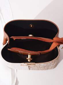 小号拼色水桶包，圆扣装饰斜挎包，女士人造皮革钱包（8.07 X 8.07 X 3.94）英寸，母亲节礼物送给妈妈 - 彩色 - 查看 9