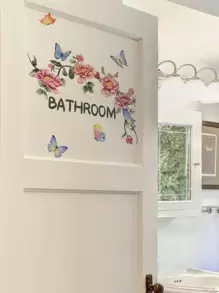 1Pc Floral & Butterfly Pattern Door Sticker Bathroom Decor, Stickers, Wall Decal, Vinyl Decal For Home Decorations, Spring Decoration Items Refresh Your Home, Rama Decoration Stickers - Multicolor - View 1