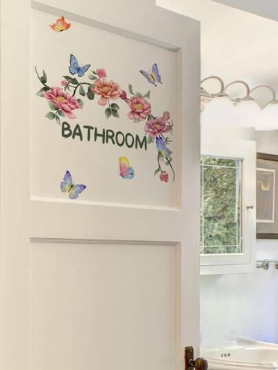1Pc Floral & Butterfly Pattern Door Sticker Bathroom Decor, Stickers, Wall Decal, Vinyl Decal For Home Decorations, Spring Decoration Items Refresh Your Home, Rama Decoration Stickers