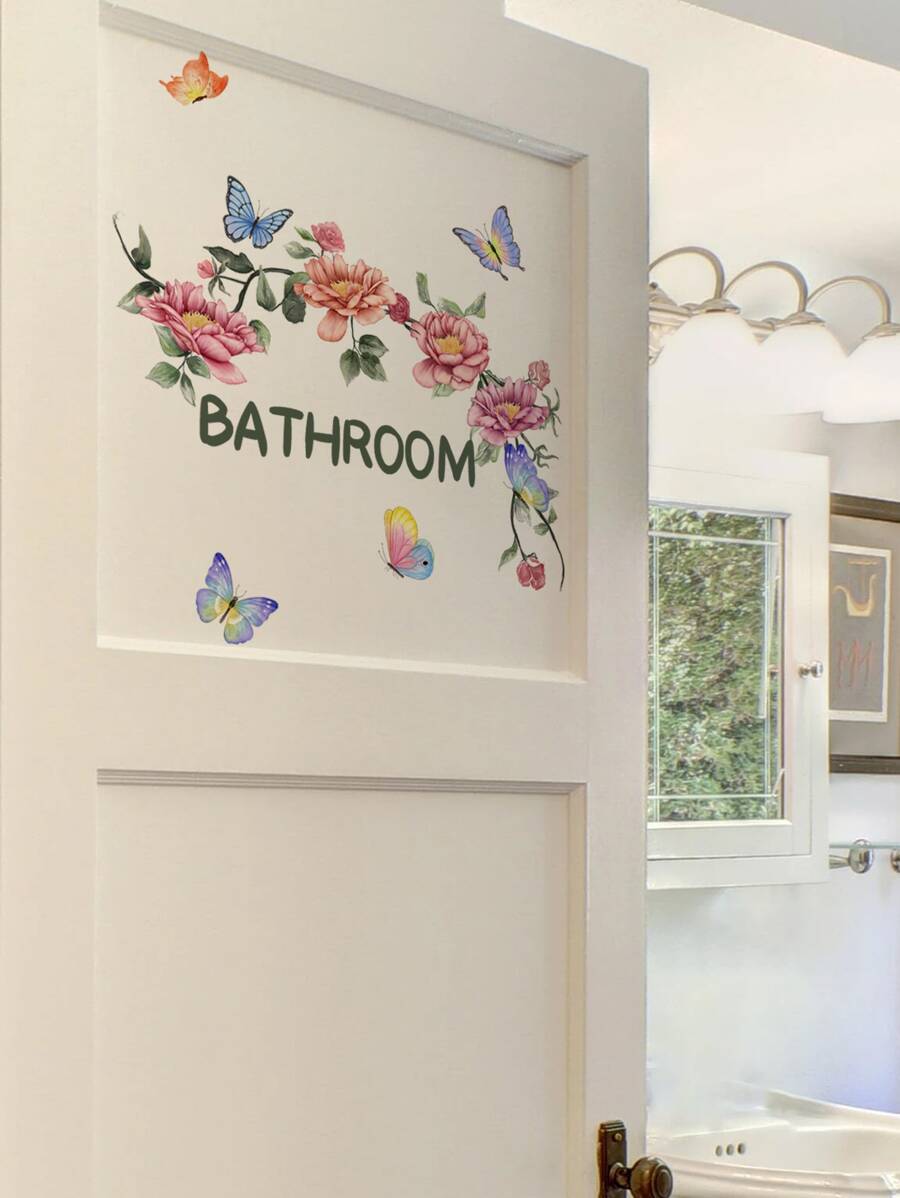 1Pc Floral & Butterfly Pattern Door Sticker Bathroom Decor, Stickers, Wall Decal, Vinyl Decal For Home Decorations, Spring Decoration Items Refresh Your Home, Rama Decoration Stickers - Multicolor - View 1