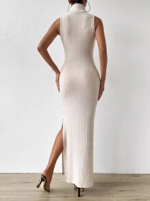 SHEIN Privé Turtleneck Split Thigh Tank Dress - Apricot - View 2