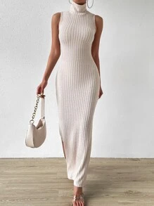 SHEIN Privé Turtleneck Split Thigh Tank Dress - Apricot - View 3