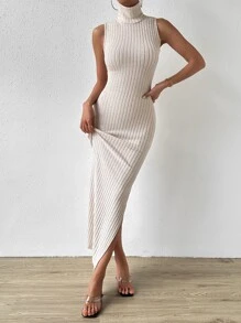 SHEIN Privé Turtleneck Split Thigh Tank Dress - Apricot - View 6