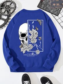 ROMWE MEN Guys Floral & Skull Print Sweatshirt - Royal Blue - View 1