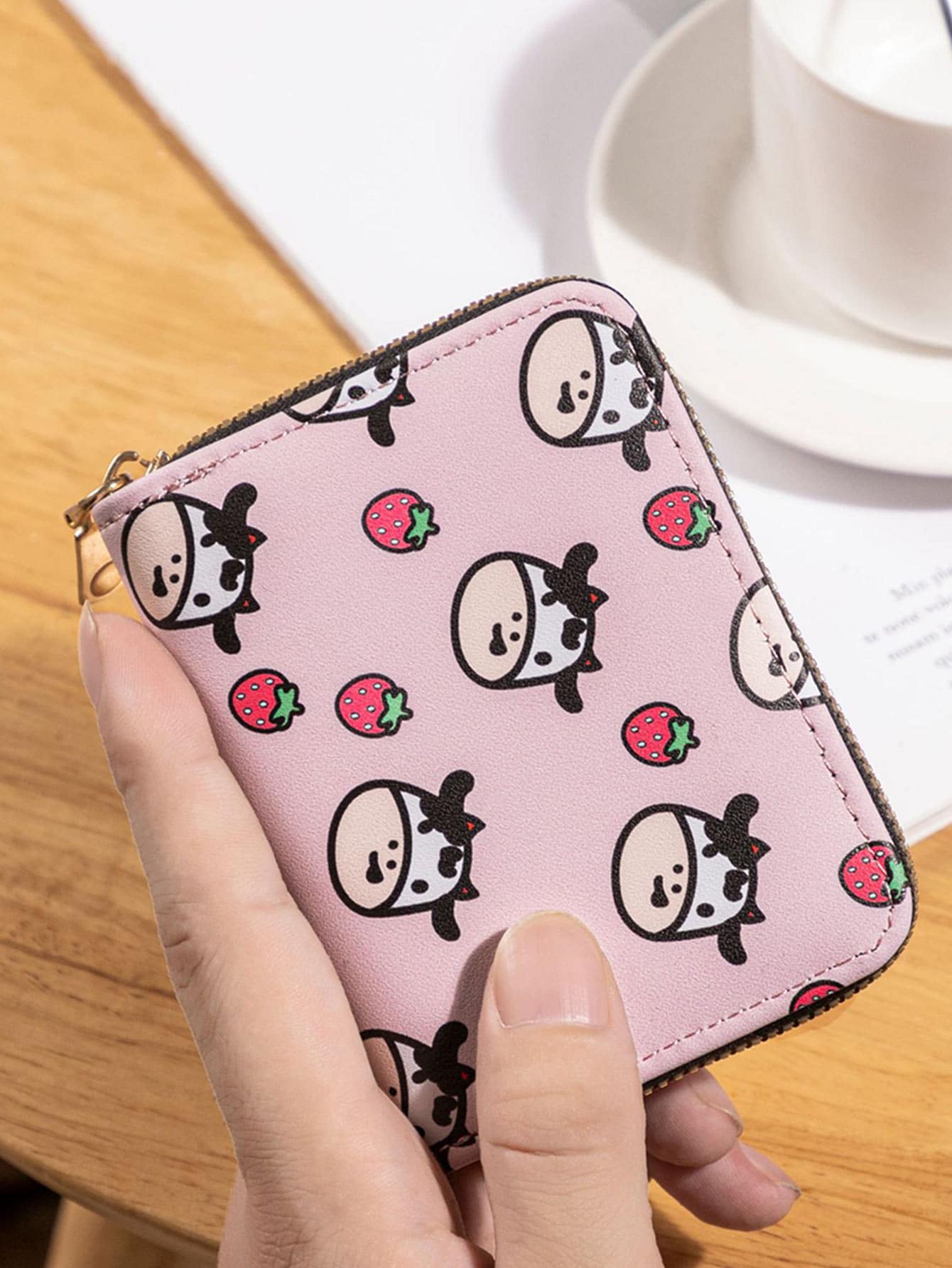 卡通奶牛＆草莓圖案卡片夾多卡卡片收納器輕便攜帶,信用卡,身份證,白領女性適用,適用於女性節日,紀念日,生日禮物,配件,禮品 - 粉色 - 查看 1