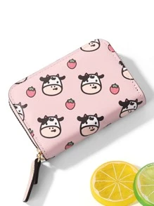 卡通奶牛＆草莓圖案卡片夾多卡卡片收納器輕便攜帶,信用卡,身份證,白領女性適用,適用於女性節日,紀念日,生日禮物,配件,禮品 - 粉色 - 查看 2