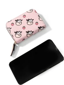 卡通奶牛＆草莓圖案卡片夾多卡卡片收納器輕便攜帶,信用卡,身份證,白領女性適用,適用於女性節日,紀念日,生日禮物,配件,禮品 - 粉色 - 查看 4