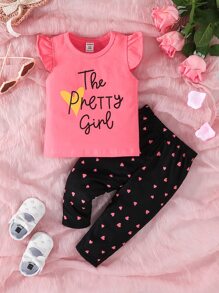 Baby Girl Heart & Slogan Graphic Ruffle Trim Tee & Pants - Multicolor - View 1