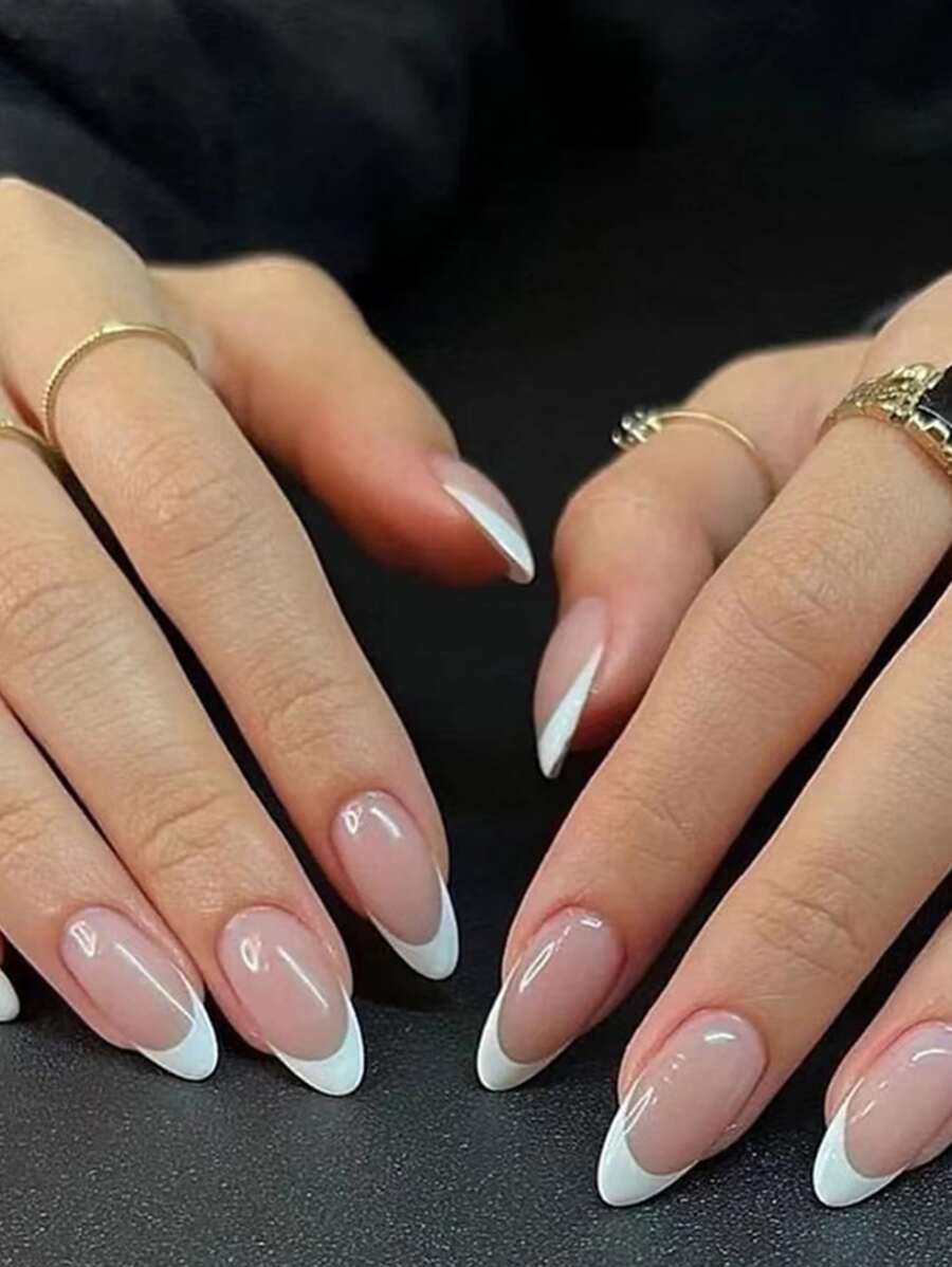 Instantly Upgrade Your Look, With 24pcs Long Almond Two Tone With White French Edge Glossy Full Cover False Nail, For Women And Girls - Multicolor - View 1