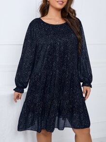 SHEIN Clasi Plus Allover Print Ruffle Hem Smock Dress - Navy Blue - View 5