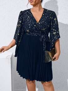 SHEIN Clasi Vestido con cinturón con estampado de estrella de cuello cruzado bajo fruncido - Azul Marino - Ver 3