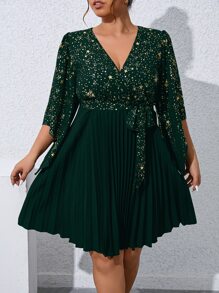 SHEIN Clasi Vestido con cinturón con estampado de estrella de cuello cruzado bajo fruncido - Verde Oscuro - Ver 1