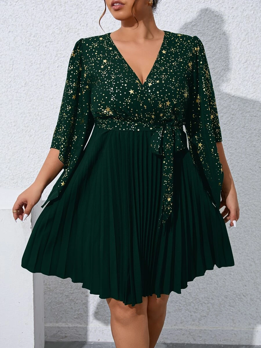 SHEIN Clasi Vestido con cinturón con estampado de estrella de cuello cruzado bajo fruncido - Verde Oscuro - Ver 1