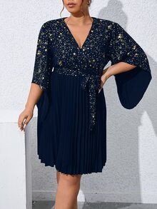 SHEIN Clasi Vestido con cinturón con estampado de estrella de cuello cruzado bajo fruncido - Azul Marino - Ver 5