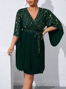SHEIN Clasi Vestido con cinturón con estampado de estrella de cuello cruzado bajo fruncido - Verde Oscuro - Ver 3