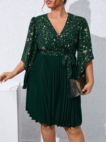 SHEIN Clasi Vestido con cinturón con estampado de estrella de cuello cruzado bajo fruncido - Verde Oscuro - Ver 4