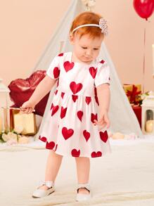 Baby Heart Print Puff Sleeve Dress - White - View 4
