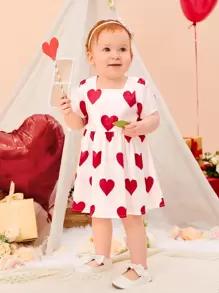 Baby Heart Print Puff Sleeve Dress - White - View 1