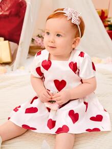 Baby Heart Print Puff Sleeve Dress - White - View 9