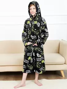 男孩法蘭絨卡通和字母圖案連帽休閒服睡袍
