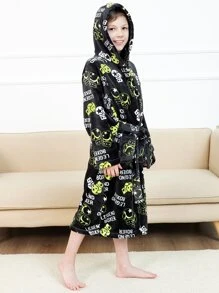 男孩法蘭絨卡通和字母圖案連帽休閒服睡袍