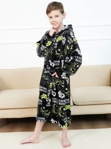 男孩法蘭絨卡通和字母圖案連帽休閒服睡袍