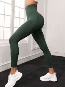 Easithlete Wide Waistband Ribbed Knit Sports Leggings - Dark Green - View 3