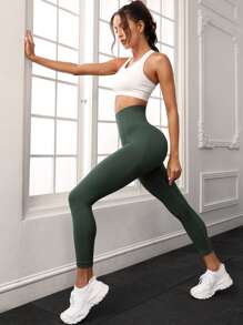 Easithlete Wide Waistband Ribbed Knit Sports Leggings - Dark Green - View 5