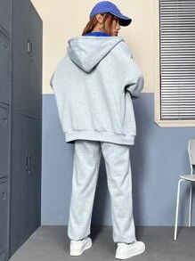 SHEIN EZwear 字母圖案落肩袖拉鍊連帽衫和運動褲 - 淺灰色 - 查看 2