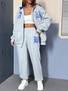 SHEIN EZwear 字母圖案落肩袖拉鍊連帽衫和運動褲 - 淺灰色 - 查看 3