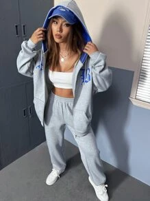 SHEIN EZwear 字母圖案落肩袖拉鍊連帽衫和運動褲 - 淺灰色 - 查看 4