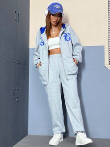 SHEIN EZwear 字母圖案落肩袖拉鍊連帽衫和運動褲 - 淺灰色 - 查看 6