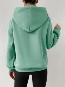 SHEIN Unity Letter Embroidery Drop Shoulder Drawstring Thermal Lined Hoodie - Mint Green - View 2