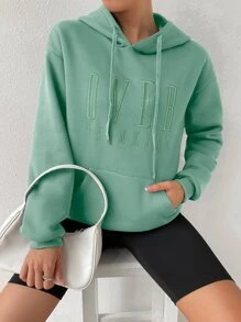 SHEIN Unity Letter Embroidery Drop Shoulder Drawstring Thermal Lined Hoodie - Mint Green - View 3