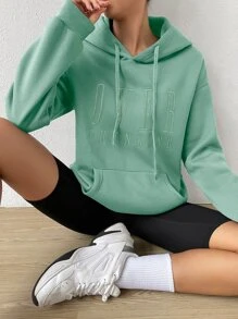 SHEIN Unity Letter Embroidery Drop Shoulder Drawstring Thermal Lined Hoodie - Mint Green - View 6