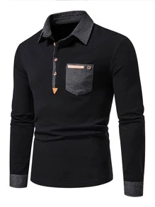 Áo thun có cổ Nam Túi Nút phía trước Khối Màu Công việc - màu đen - Xem 1