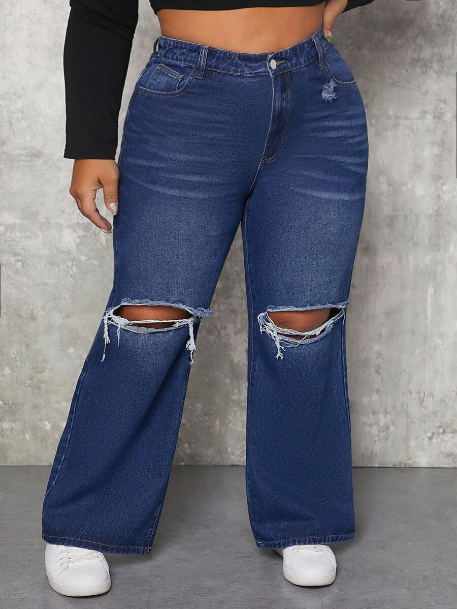 SHEIN SXY Plus High Waist Ripped Flare Leg Jeans - Dark Wash - View 1