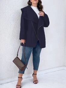 SHEIN LUNE Abrigo con capucha con cremallera bajo con abertura - Azul Marino - Ver 5